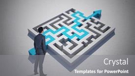 Presentation with solving - Audience pleasing PPT theme consisting of businessman standing against blue arrow solving puzzle backdrop and a gray colored foreground