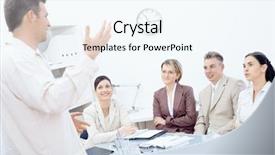  Presentation with standing sitting - Slide deck with businessman standing and explaining to four colleagues sitting around office table background and a cool aqua colored foreground