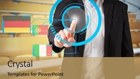  Presentation with lecture hall - Slides enhanced with businessman standing and pointing against empty seats with tables in a lecture hall background and a yellow colored foreground