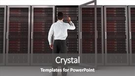  Presentation with towers - Beautiful slide set featuring businessman standing back to the camera pointing against server towers backdrop and a dark gray colored foreground
