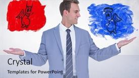  Presentation with digital image - Colorful slide set enhanced with businessman standing between the good backdrop and a light blue colored foreground