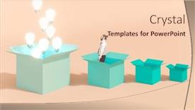  Presentation with light bulbs - Slide set featuring businessman standing in a box looks at a series of light bulbs coming out of the larger box concept of think out of the box background and a lemonade colored foreground