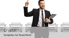  Presentation with cars - Presentation design enhanced with businessman-standing-in-front background and a light gray colored foreground
