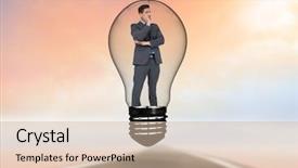  Presentation with businessman standing on mountain top - Audience pleasing presentation design consisting of businessman standing in light bulb backdrop and a soft green colored foreground