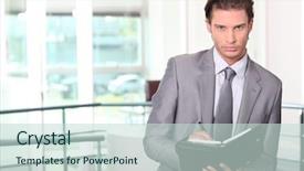  Presentation with diary - Presentation theme having businessman standing in office holding background and a soft green colored foreground