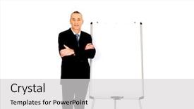  Presentation with flip chart - Beautiful slide set featuring businessman standing near flip chart backdrop and a light gray colored foreground