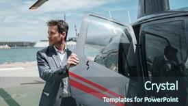  Presentation with helicopter - Beautiful slide set featuring businessman standing near private helicopter backdrop and a tawny brown colored foreground
