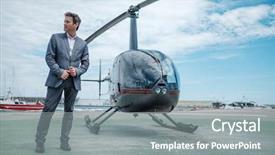  Presentation with helicopter - Presentation design with businessman standing near private helicopter background and a gray colored foreground