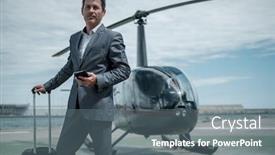  Presentation with helicopter - Beautiful theme featuring businessman-standing-near-private-helicopter backdrop and a gray colored foreground