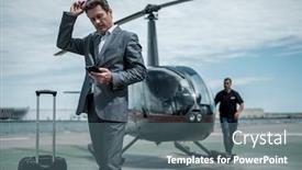  Presentation with helicopter - Amazing slides having businessman-standing-near-private-helicopter backdrop and a gray colored foreground