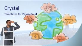  Presentation with scene - Slide deck having businessman standing on ladder looking background and a sky blue colored foreground