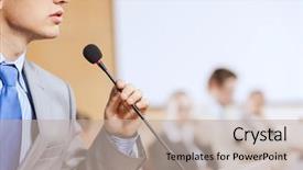  Presentation with audience - Cool new presentation design with businessman-standing-on-stage backdrop and a mint green colored foreground