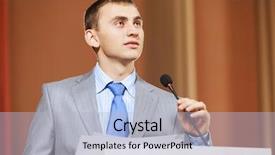  Presentation with audience - Slide deck with businessman standing on stage and reporting for audience background and a light gray colored foreground