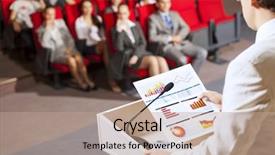  Presentation with audience - Beautiful presentation design featuring businessman standing on stage and reporting for audience backdrop and a coral colored foreground