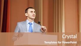  Presentation with audience - Presentation theme consisting of businessman-standing-on-stage background and a coral colored foreground
