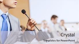  Presentation with audience - Cool new PPT theme with debate - businessman standing on stage backdrop and a lemonade colored foreground