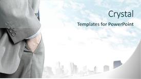  Presentation with businessman standing on mountain top - Cool new presentation design with businessman standing on top backdrop and a sky blue colored foreground