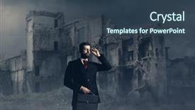  Presentation with businessman standing on mountain top - Slide deck with businessman standing over apocalyptic background background and a tawny brown colored foreground