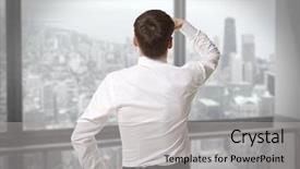  Presentation with skyscraper - Colorful presentation design enhanced with businessman standing over skyscraper and purposefully looking away backdrop and a light gray colored foreground