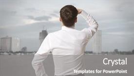  Presentation with skyscraper - PPT layouts with businessman standing over skyscraper and purposefully looking away background and a gray colored foreground