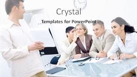  Presentation with standing sitting - PPT theme featuring businessman standing showing document and explaining to four colleagues sitting in front focus placed on whispering woman in background background and a white colored foreground