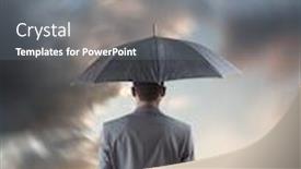  Presentation with under umbrella - Theme consisting of businessman standing under umbrella against blue and orange sky with clouds background and a gray colored foreground