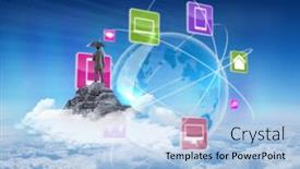  Presentation with under umbrella - Slides with businessman standing under umbrella against mountain peak through the clouds background and a light blue colored foreground