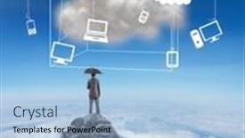  Presentation with under umbrella - Audience pleasing PPT theme consisting of businessman standing under umbrella against mountain peak through the clouds backdrop and a light blue colored foreground