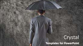  Presentation with under umbrella - Slide set having businessman standing under umbrella against grey background background and a dark gray colored foreground