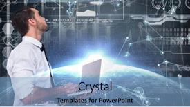  Presentation with businessman standing on mountain top - Presentation theme with businessman standing using a laptop background and a light blue colored foreground