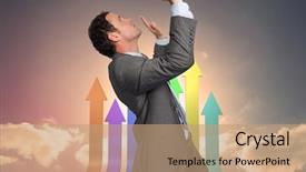  Presentation with open door - Presentation design with businessman standing with arms pressing up against steps leading to open door in the sky background and a coral colored foreground