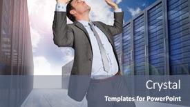  Presentation with server - Presentation design enhanced with businessman standing with arms pressing up against server hallway in the sky background and a ocean colored foreground