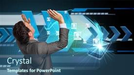  Presentation with technical - Presentation theme consisting of businessman standing with arms pressing up against arrows on technical background background and a ocean colored foreground