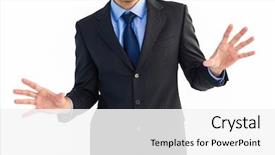  Presentation with spread - Colorful PPT theme enhanced with businessman standing with fingers spread out on white background backdrop and a white colored foreground
