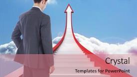  Presentation with hip - Theme having businessman standing with hand on hip against red steps arrow pointing up against sky background and a coral colored foreground