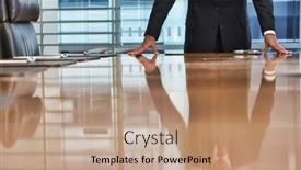  Presentation with conference table - Presentation theme featuring businessman-standing-with-hands background and a coral colored foreground