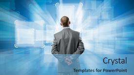  Presentation with reflection looking back to go forward - Theme with businessman stands back and looks background and a light blue colored foreground