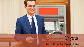  Presentation with atm - Amazing theme having businessman stands near an atm backdrop and a red colored foreground