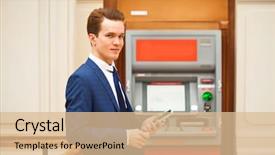  Presentation with atm - Beautiful slides featuring businessman stands near an atm backdrop and a lemonade colored foreground