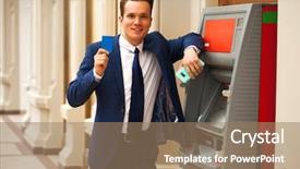  Presentation with atm - Beautiful PPT theme featuring businessman stands near an atm backdrop and a coral colored foreground