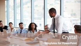  Presentation with board meeting - Audience pleasing slide deck consisting of businessman stands to address meeting backdrop and a coral colored foreground