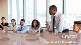  Presentation with board meeting - Beautiful slide deck featuring businessman stands to address meeting backdrop and a coral colored foreground