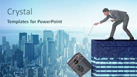  Presentation with safe - Beautiful PPT layouts featuring businessman-stealing-safe-from-building backdrop and a cool aqua colored foreground