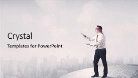  Presentation with city map - Slides having young blindfolded businessman steps on a grey world map with a city in the background background and a white colored foreground