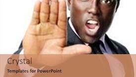  Presentation with stopping school shooting attacks - Audience pleasing presentation design consisting of businessman-stopping-with-a-hand and a coral colored foreground