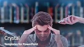  Presentation with stressed - Presentation having businessman stressed out at work against library shelf background and a ocean colored foreground