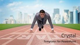  Presentation with running - Amazing slide set having businessman taking low start backdrop and a coral colored foreground