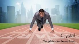  Presentation with running - Colorful theme enhanced with businessman taking low start backdrop and a coral colored foreground