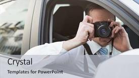  Presentation with car picture - PPT layouts having businessman taking picture while sitting in the drivers seat in his car background and a light gray colored foreground