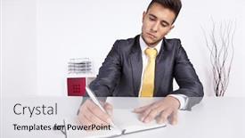  Presentation with taking notes - Amazing theme having businessman taking some notes on his notepad at his office backdrop and a light gray colored foreground